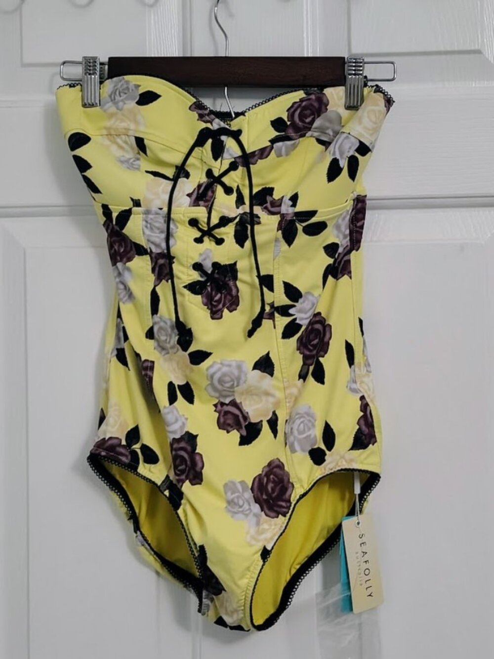 NWT Seafolly Lola Rose Yellow Floral One Piece Swimsuit Lace Up Corset US 8